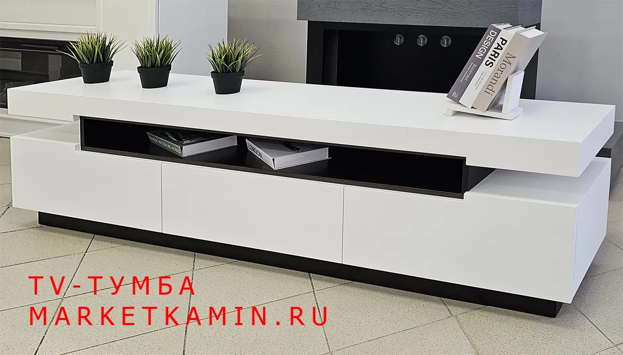 ТВ-тумба № 17 С выдвижными ящиками и открытой центральной нишей (белый/чёрный) Цвет и размеры на выбор. Габариты (ШxВxГ) 2000x520x500 мм ТВ-тумба № 17 С выдвижными ящиками и открытой центральной нишей (белый/чёрный) Цвет и размеры на выбор. Габариты (ШxВxГ) 2000x520x500 мм