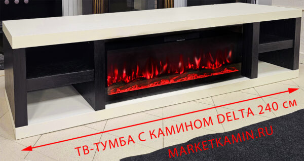 ТВ-тумба Дельта с 2 открытыми полками (светло-бежевая эмаль/чёрный дуб) очаги на выбор (дрова/кристаллы/3D) Габариты (ШxВxГ): 2400х600х450 мм ТВ-тумба Дельта с 2 открытыми полками (светло-бежевая эмаль/чёрный дуб) очаги на выбор (дрова/кристаллы/3D) Габариты (ШxВxГ): 2400х600х450 мм