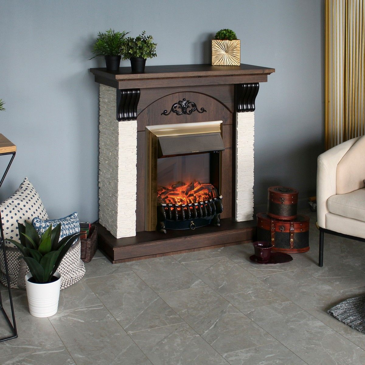 Электрокамин Corfino NT с очагом Fobos Lux Brass. Габариты (ШxВxГ) 98x97x30 см Электрокамин Corfino NT с очагом Fobos Lux Brass. Габариты (ШxВxГ) 98x97x30 см